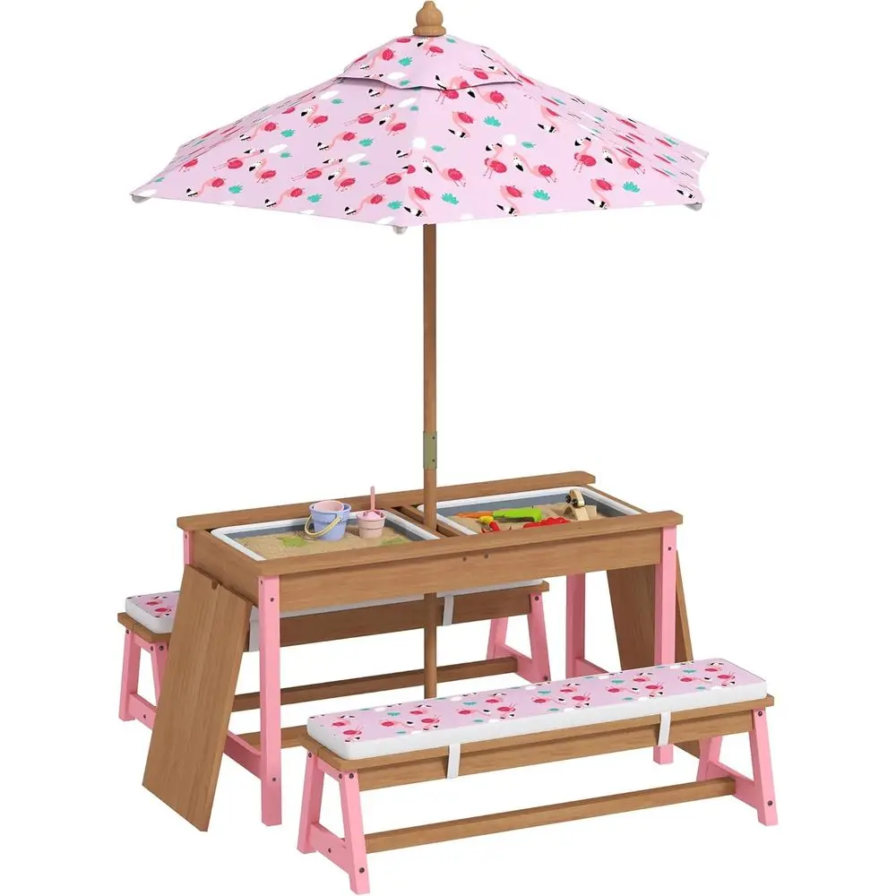 Kids Outdoor Table With Umbrella - Drewniany zestaw stołków piknikowych z parasolem,