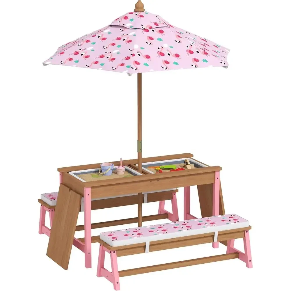 Kids Outdoor Table With Umbrella - Drewniany zestaw stołków piknikowych z parasolem,