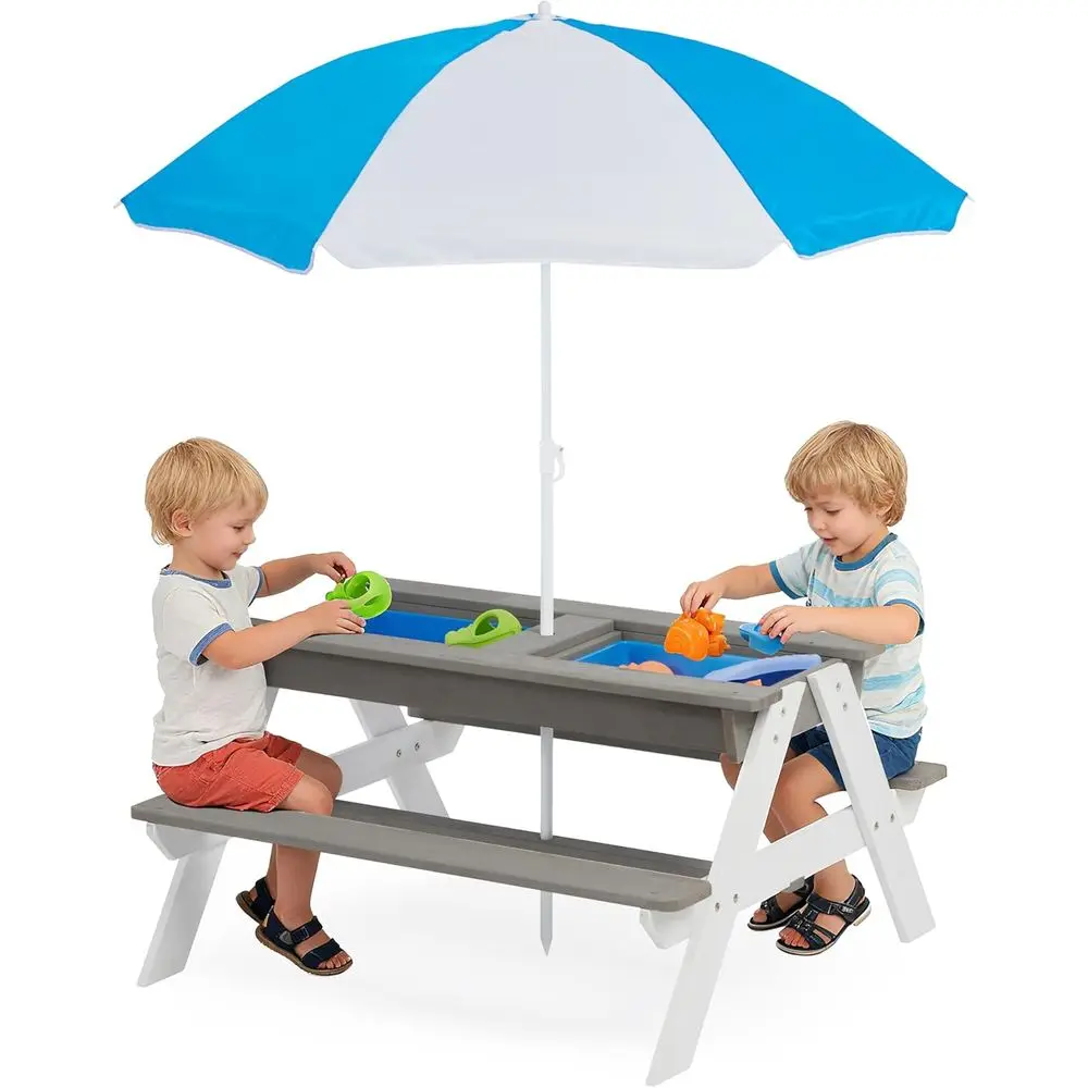 Kids Outdoor Table With Umbrella - Konwertowalny drewniany stolik piknikowy 3w1 dla