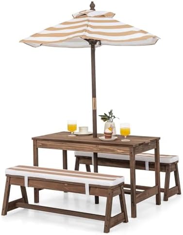 Kids Outdoor Table With Umbrella - Stół piknikowy dla dzieci, drewniany zestaw