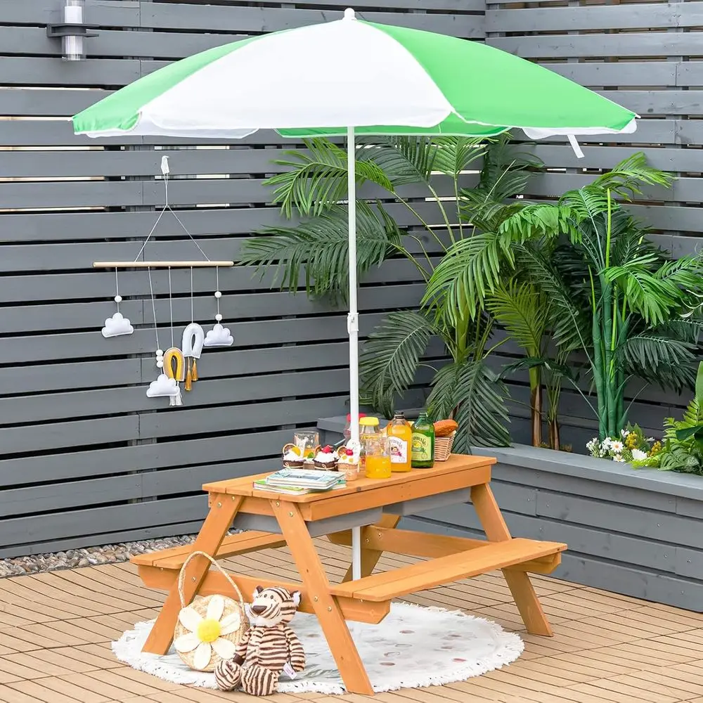 Drewniany stolik piknikowy 4w1 – Kids Outdoor Table With Umbrella recenzja i cena